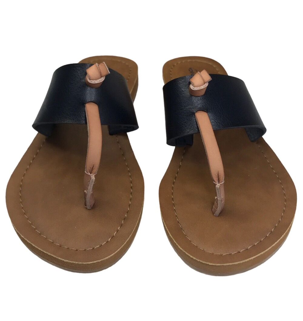 Blue Fin Girls Youth Faux Leather Flip-Flops Thong Sandals US Size 2 NEW Black
